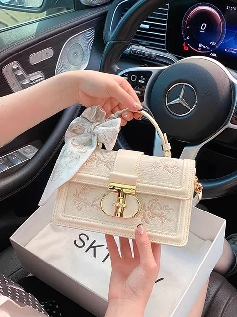 Luxury Vanity Case – Elegant Chinoiserie Bag with Silk Scarf Handle & Charming Accents – Versatile Handheld Crossbody