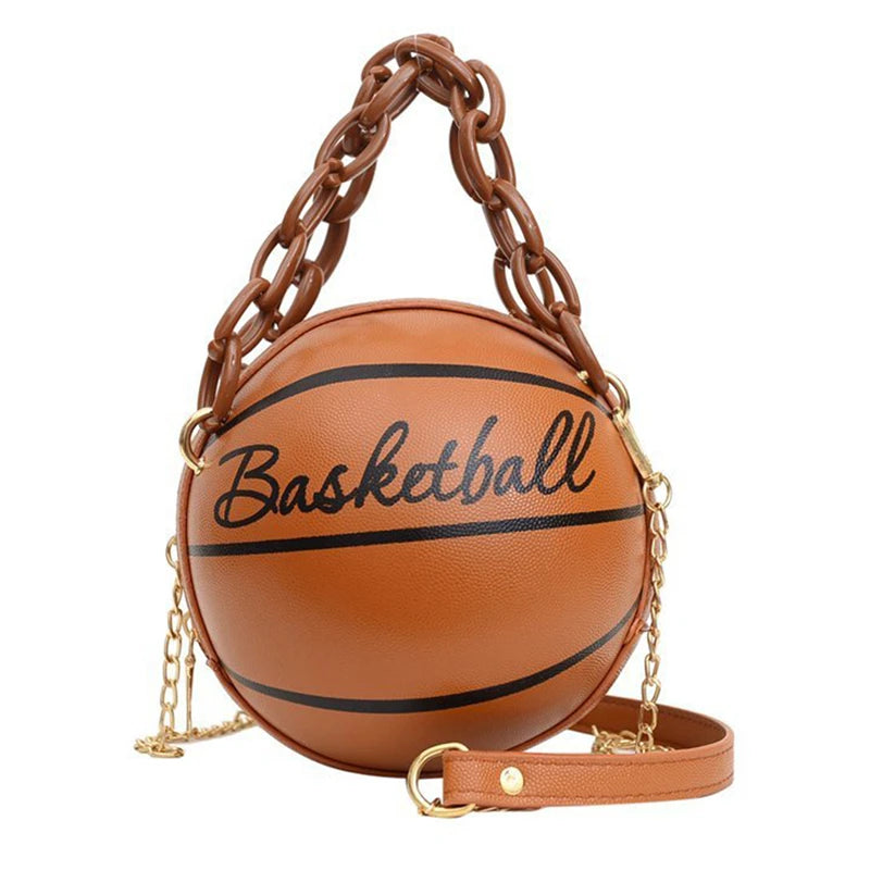 Women’s Fashion Basketball Shoulder Bag – Letter Print PU Leather Crossbody with Chain Strap