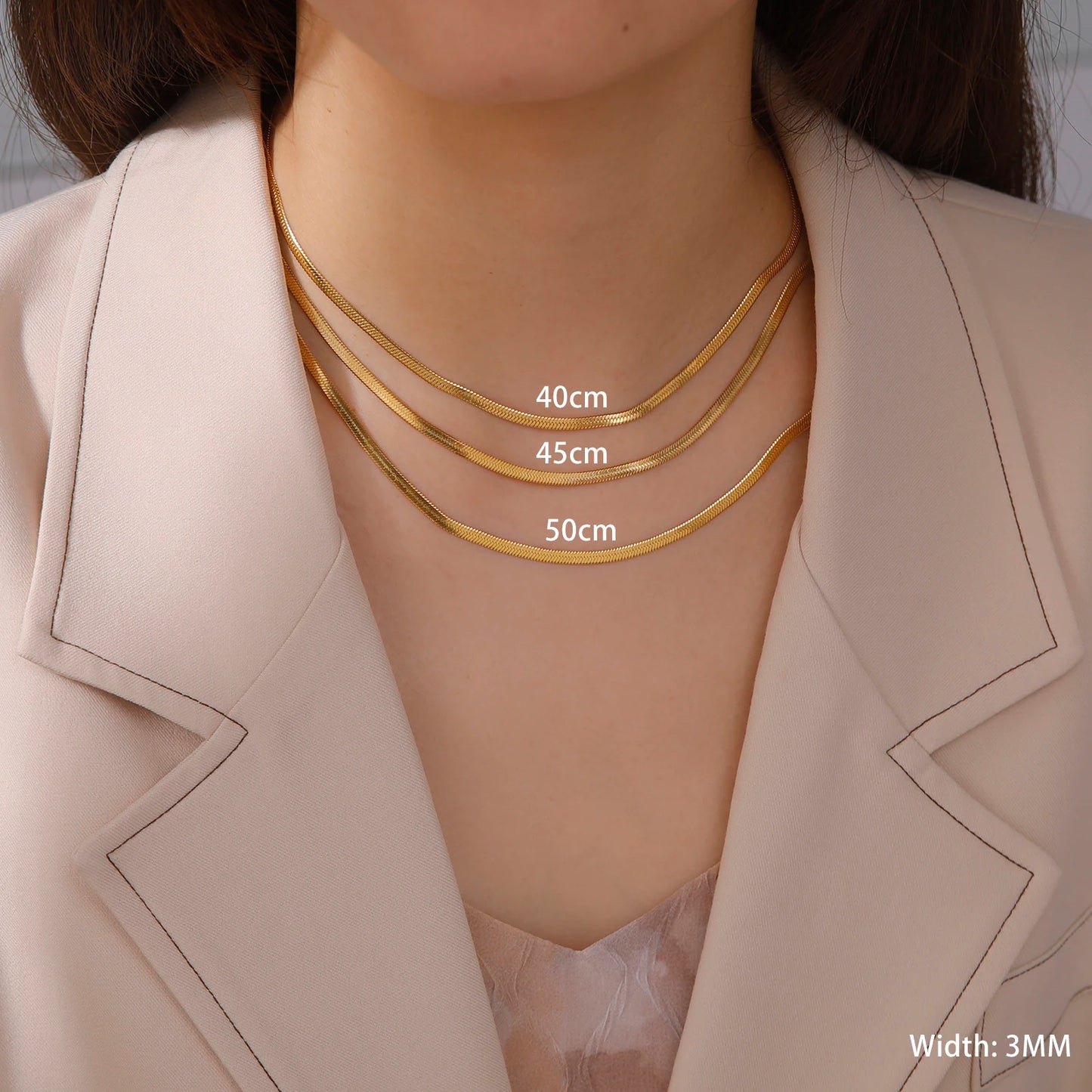 Gold Stainless Steel Flat Herringbone Chain Necklace – Unisex Snake Chain Choker Choker