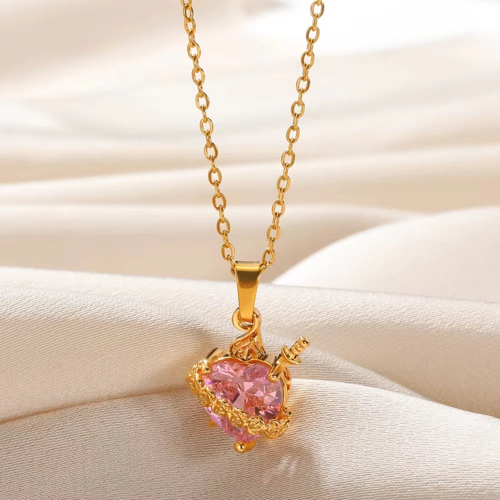 Gold Stainless Steel Cupid's Arrow Pendant – Pink Heart Zircon Necklace