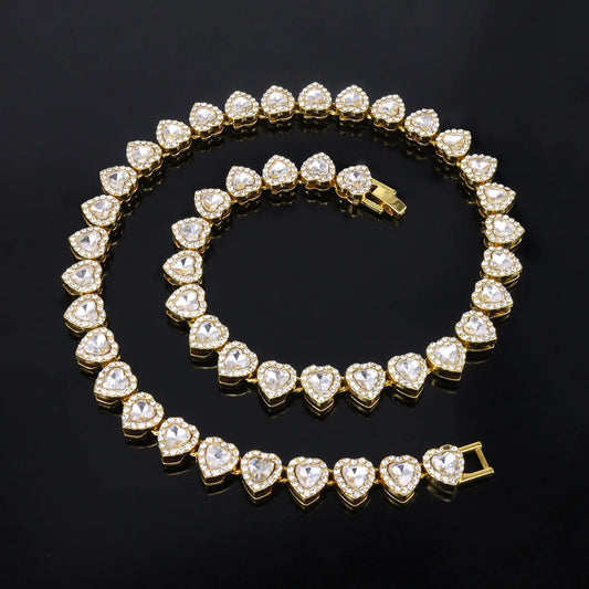 Iced-Out CZ Tennis Chain & Bracelet Set – Hip Hop Heart Pendant Jewelry