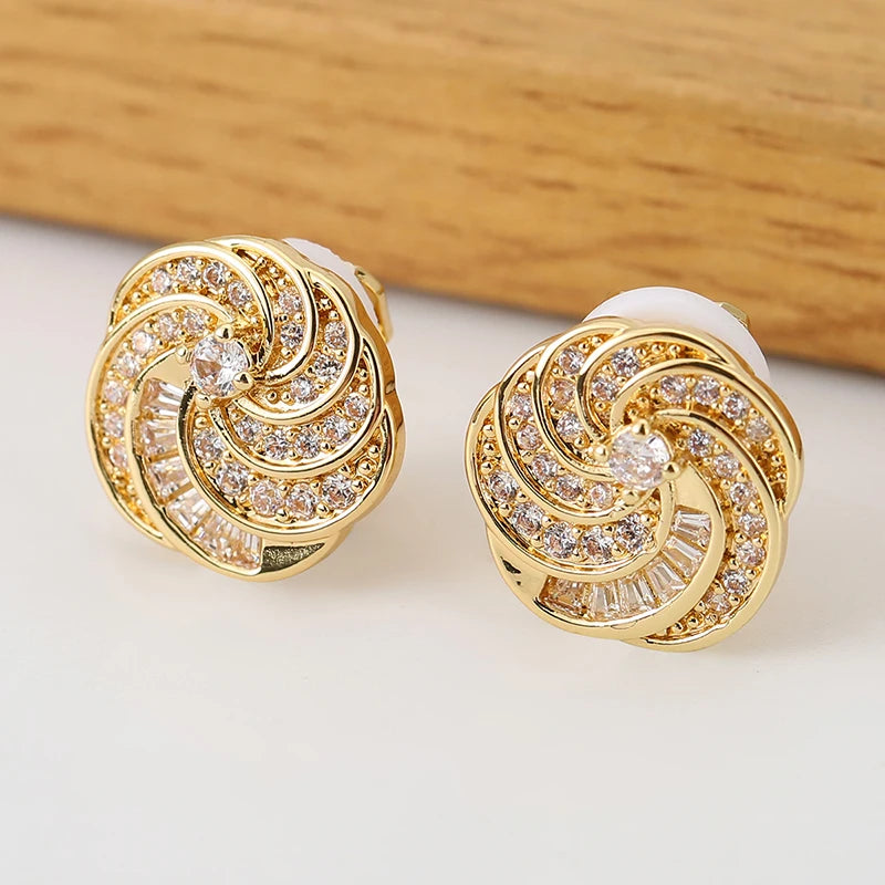 Gold Sunflower Zircon Clip-On Earrings for Women – Non-Piercing Rotating Floral Luxury Jewelry