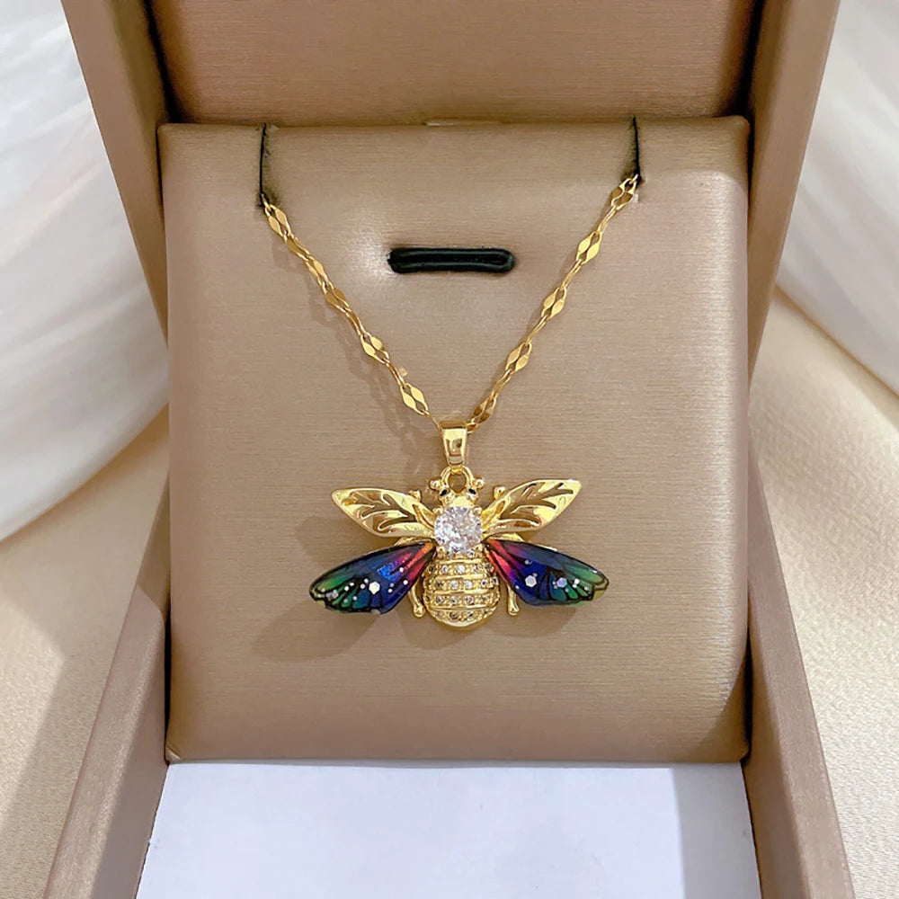 DIEYURO Colorful Zircon Bee Pendant Necklace –316L Stainless Steel