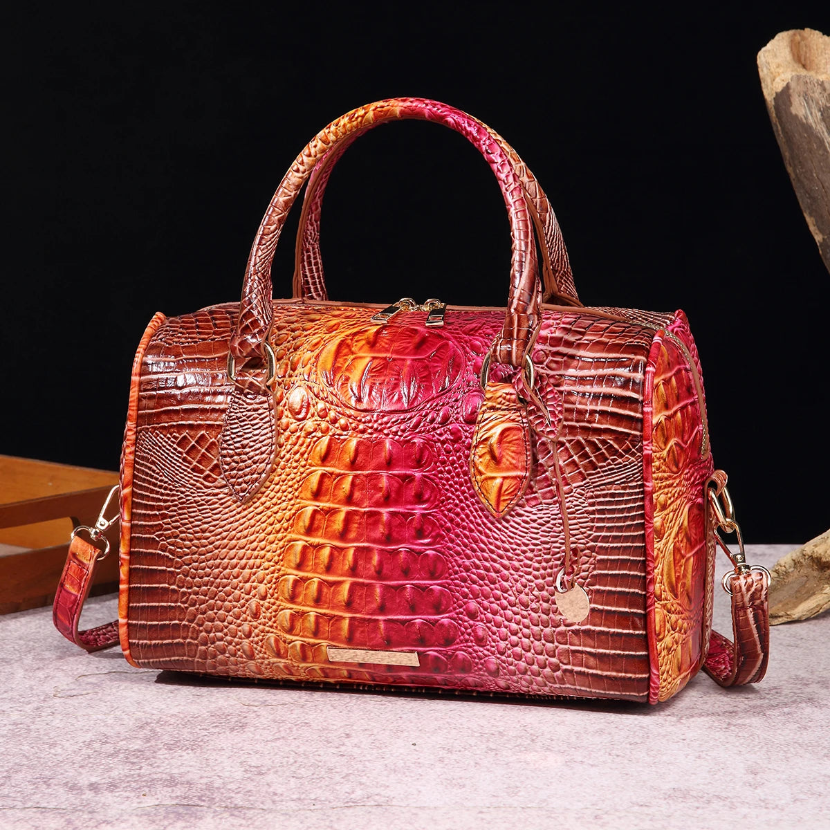 Ombre Crocodile Embossed Leather Boston Bag - Classic Satchel Handbag & Crossbody Purse for Women - Croc-Effect Top Handle Bag