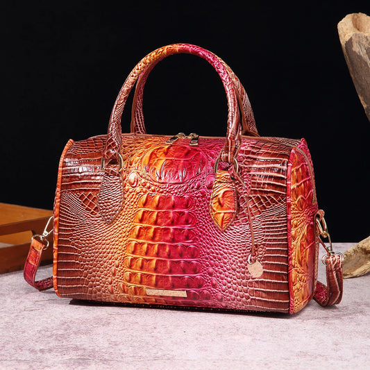 Ombre Crocodile Embossed Leather Boston Bag - Classic Satchel Handbag & Crossbody Purse for Women - Croc-Effect Top Handle Bag