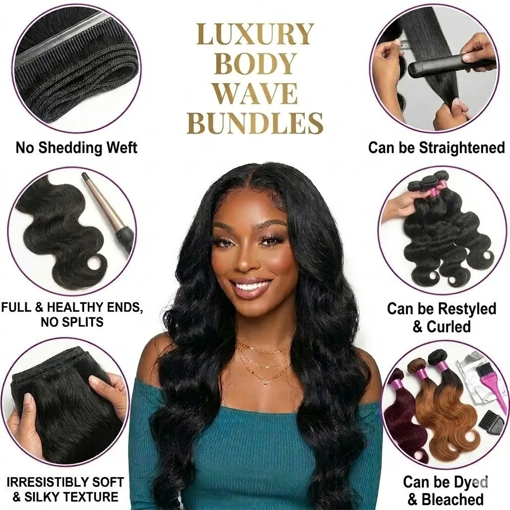 14A Body Wave Human Hair Bundles – Brazilian Natural Black Virgin Hair Weave Extensions (3–4 Bundles Set)