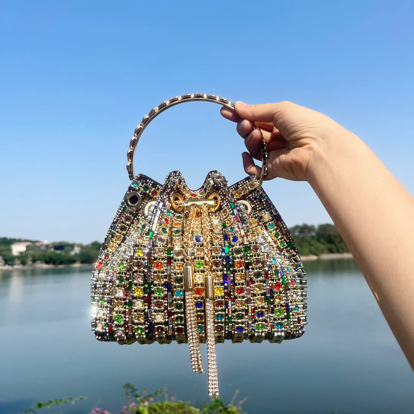 Luxury Crystal Rhinestone Bucket Bag - Elegant Evening Clutch & Shoulder Purse