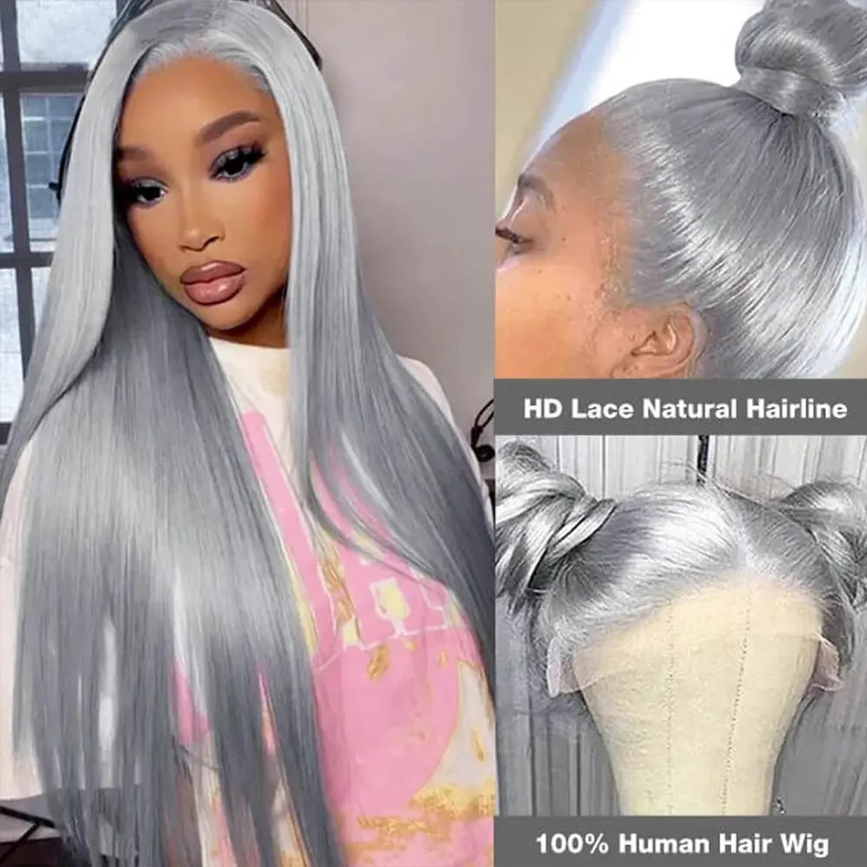 Silver Grey Straight HD Lace Frontal Wig | Glueless 13x4 Transparent Lace | 100% Brazilian Human Hair
