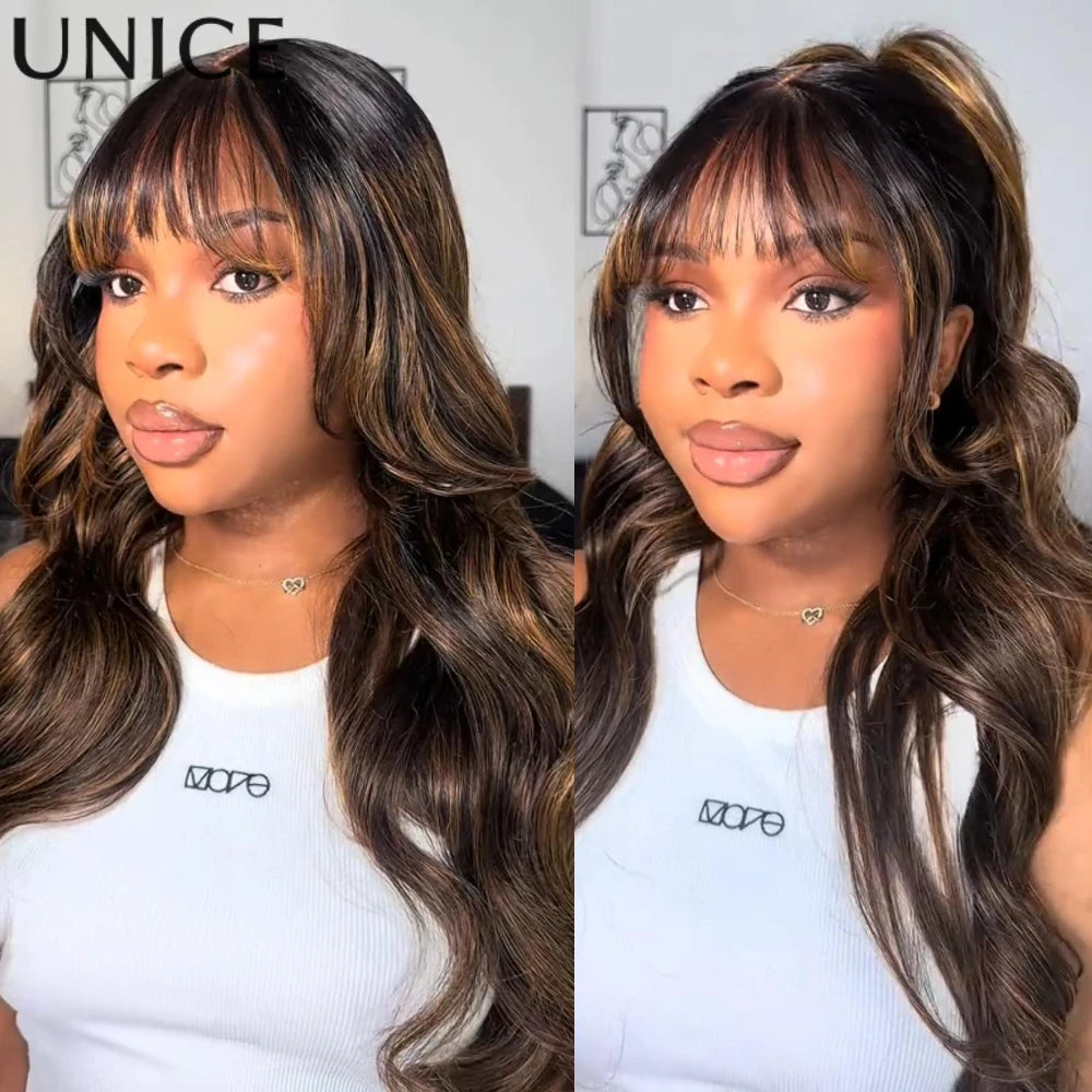 Balayage Highlight Loose Wave Human Hair Lace Frontal Wig with Curtain Bangs