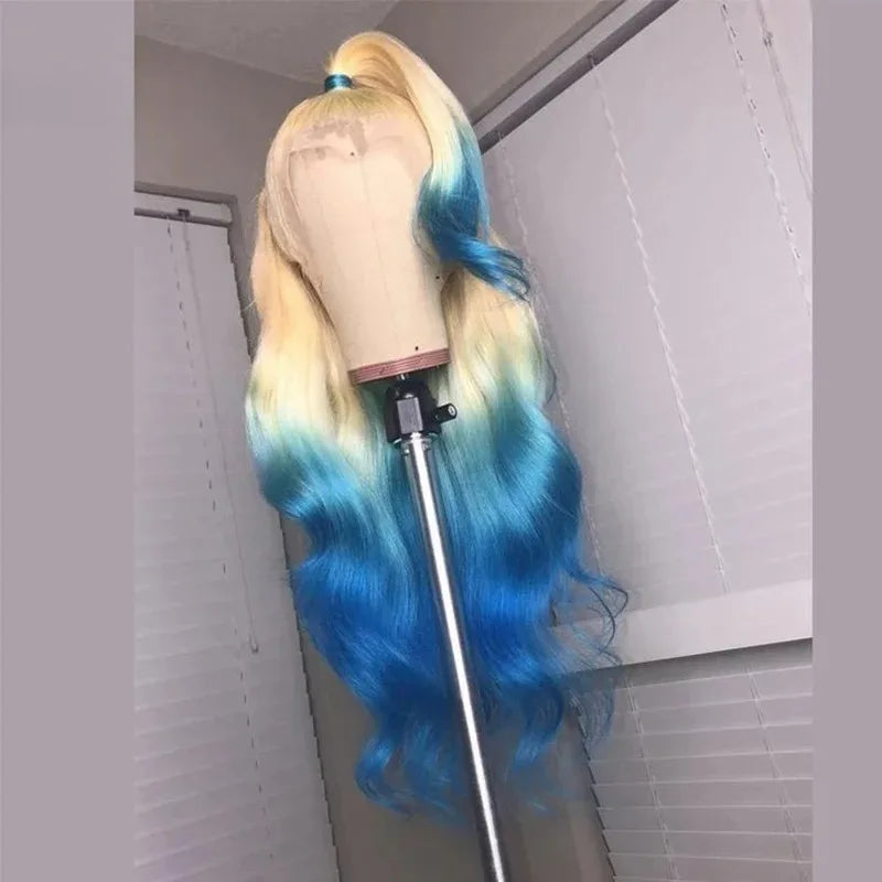 HD Transparent 13x4 Lace Frontal Wig – Ombre Blonde Body Wave (Blue Highlight)