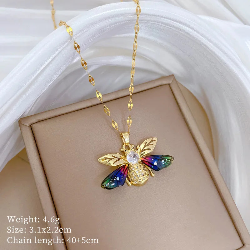 DIEYURO Colorful Zircon Bee Pendant Necklace –316L Stainless Steel
