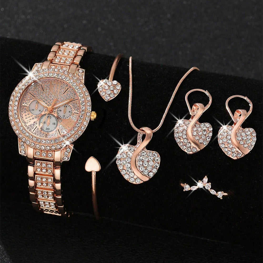 Luxury Women’s Gold Quartz Watch & Jewelry Set | Matching Necklace, Earrings & Ring