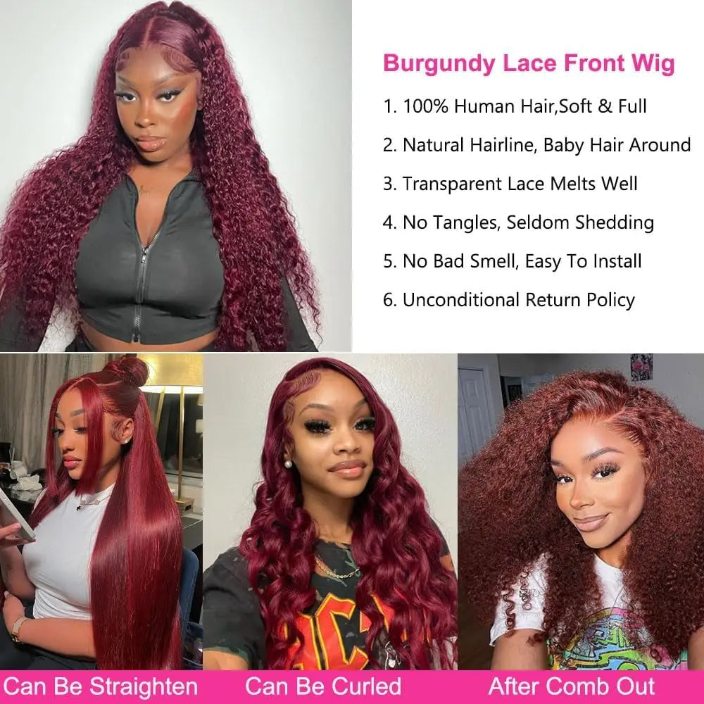250% Density 99J Burgundy Deep Curly 13x6 HD Lace Frontal Wig | 100% Brazilian Human Hair
