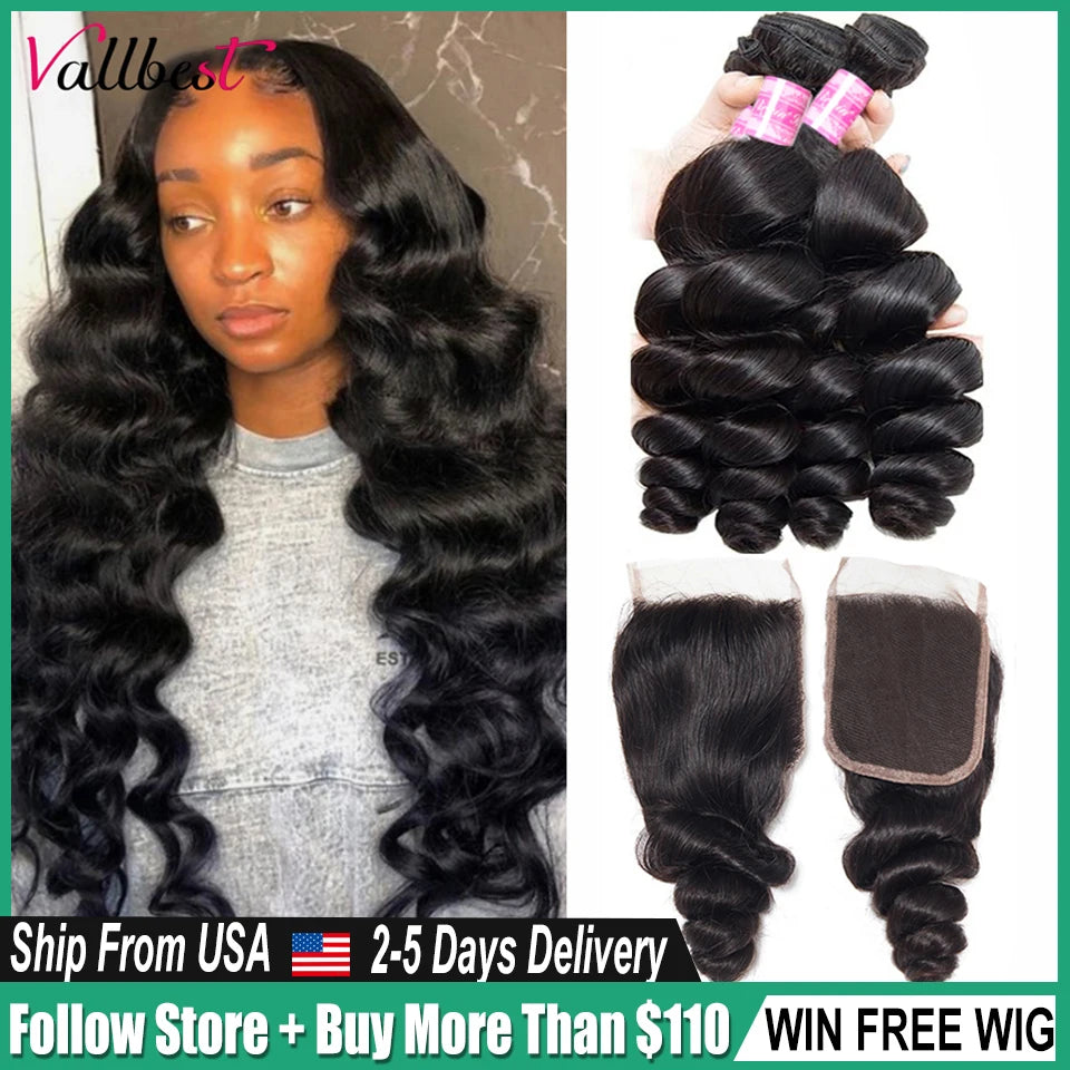 Vallbest Brazilian Loose Wave Bundles with Lace Closure – 3 Bundles Remy Human Hair Extensions