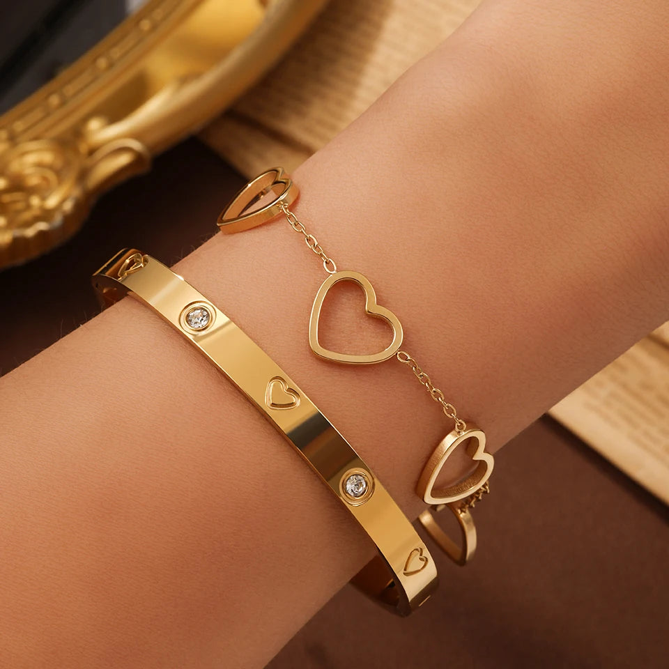 Lucky Clover & Heart Matching Bracelet Set - Stainless Steel Zircon Stack