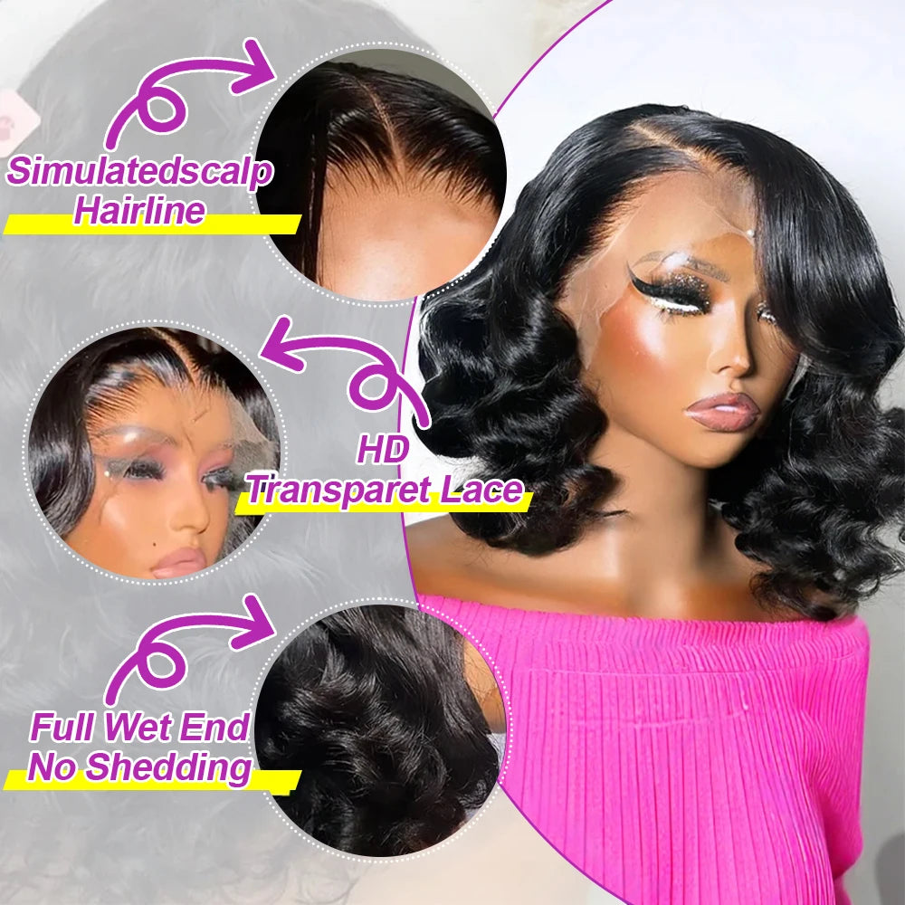 No Glue Body Wave Short Bob 7x5 Glueless Wigs Human Hair 250 Density Wavy 13x4 13x6 HD Lace Frontal Wig Preplucked for Women