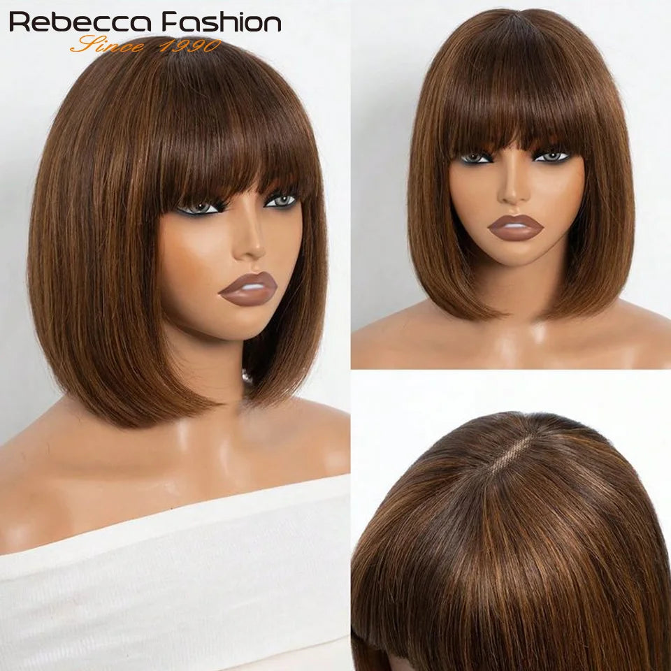 Brazilian Straight Human Hair Bob Wig with Bangs - Realistic Scalp Lace Frontal Fringe Wig