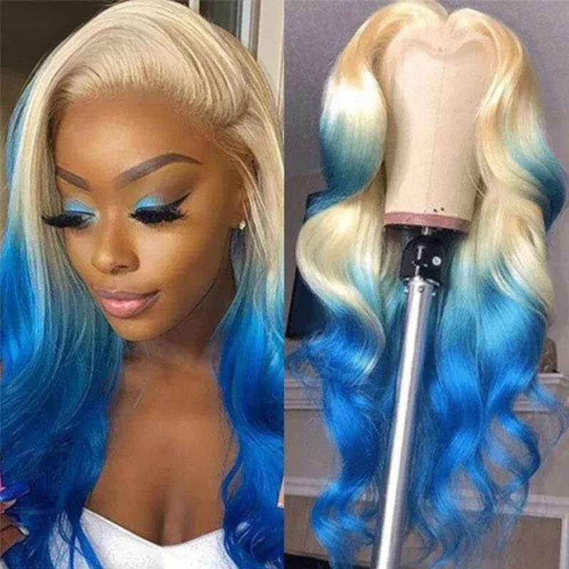 HD Transparent 13x4 Lace Frontal Wig – Ombre Blonde Body Wave (Blue Highlight)