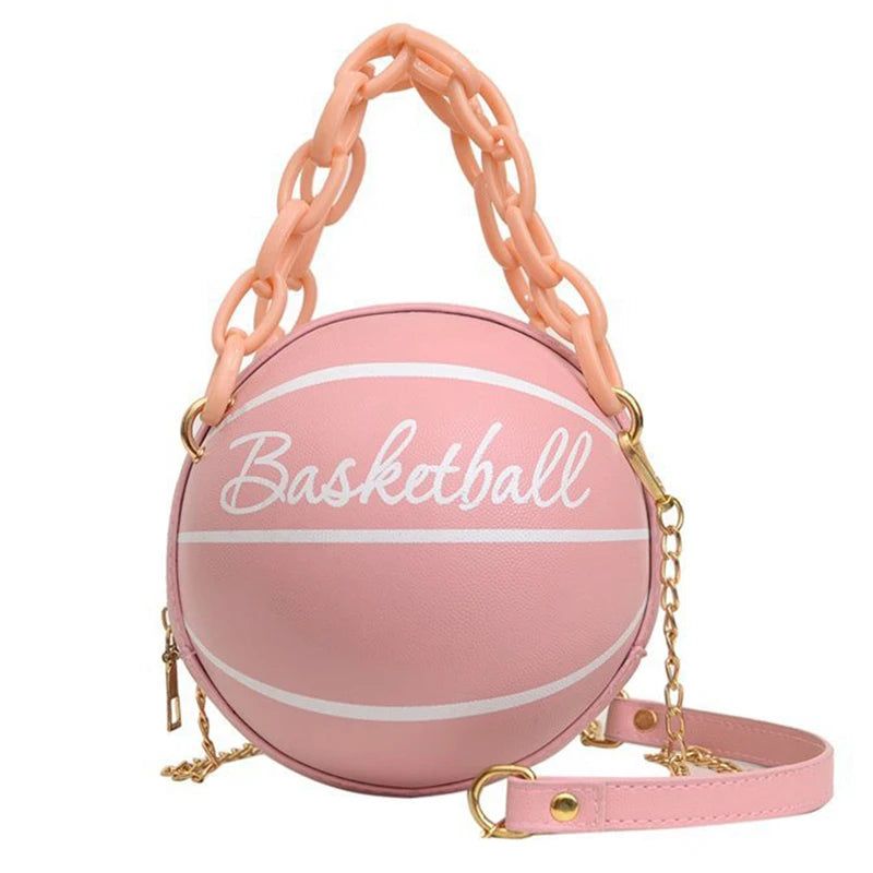 Women’s Fashion Basketball Shoulder Bag – Letter Print PU Leather Crossbody with Chain Strap