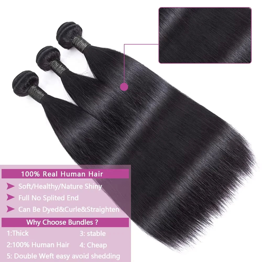 Raw Brazilian Straight Human Hair Bundles – 26, 28, 30 Inch Virgin Weave Extensions