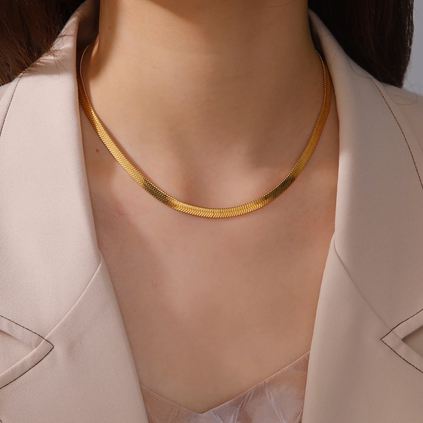 Gold Stainless Steel Flat Herringbone Chain Necklace – Unisex Snake Chain Choker Choker