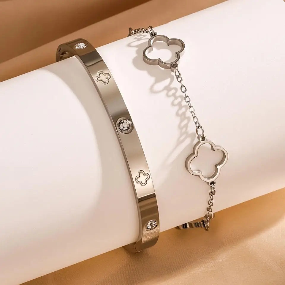 Lucky Clover & Heart Matching Bracelet Set - Stainless Steel Zircon Stack