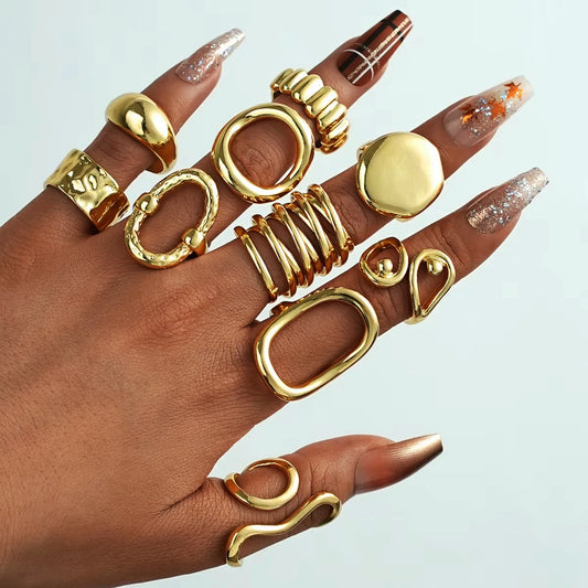 10-Piece Gold Geometric Ring Set - Irregular Vintage Statement Rings