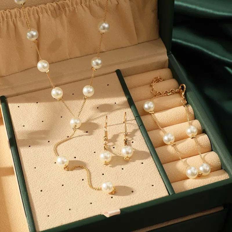 Elegant Pearl & Tassel Jewelry Set - 4-Piece Gold-Plated Statement Collection