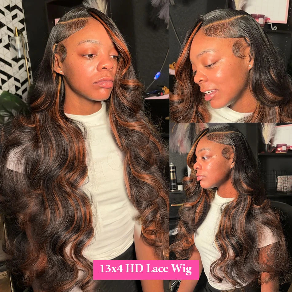 HD Lace Frontal Wig: 30" Body Wave Human Hair with Brown Highlights (220% Density)