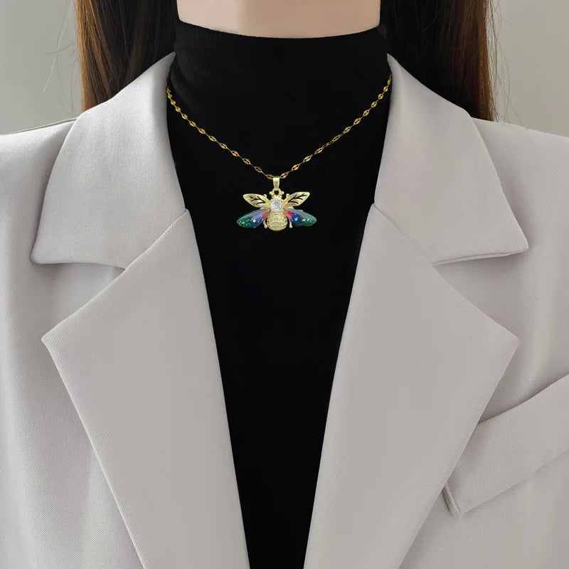 DIEYURO Colorful Zircon Bee Pendant Necklace –316L Stainless Steel