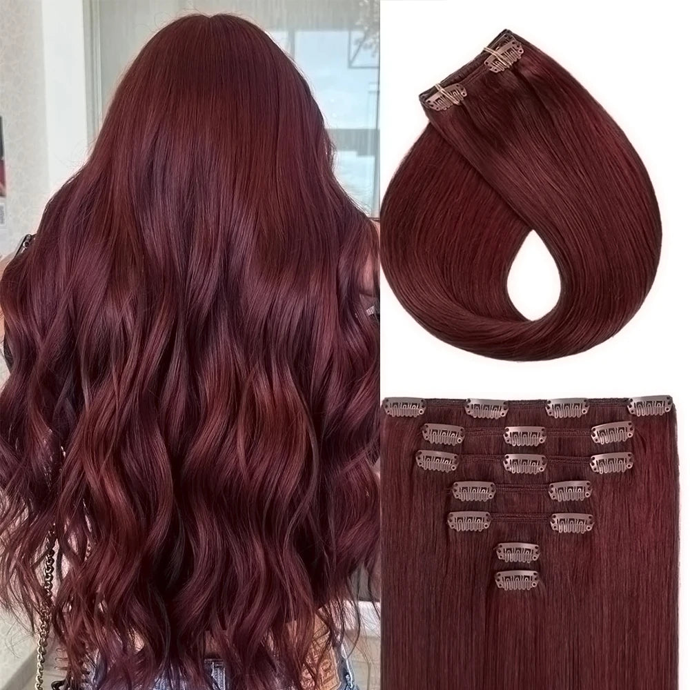 99J Burgundy Seamless Clip-in Human Hair Extensions | 7-Piece Brazilian Straight (120g)