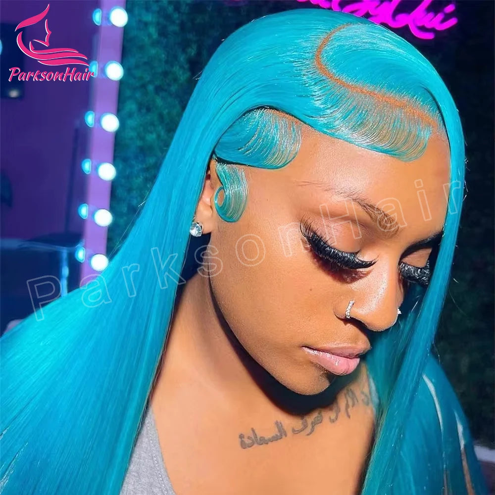 Electric Blue Straight 13x6 Transparent Lace Frontal Wig – 250% Density Brazilian Human Hair