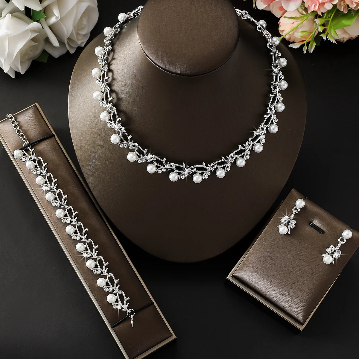 Elegance Pearl & Rhinestone Bridal Jewelry Set (4-Piece)