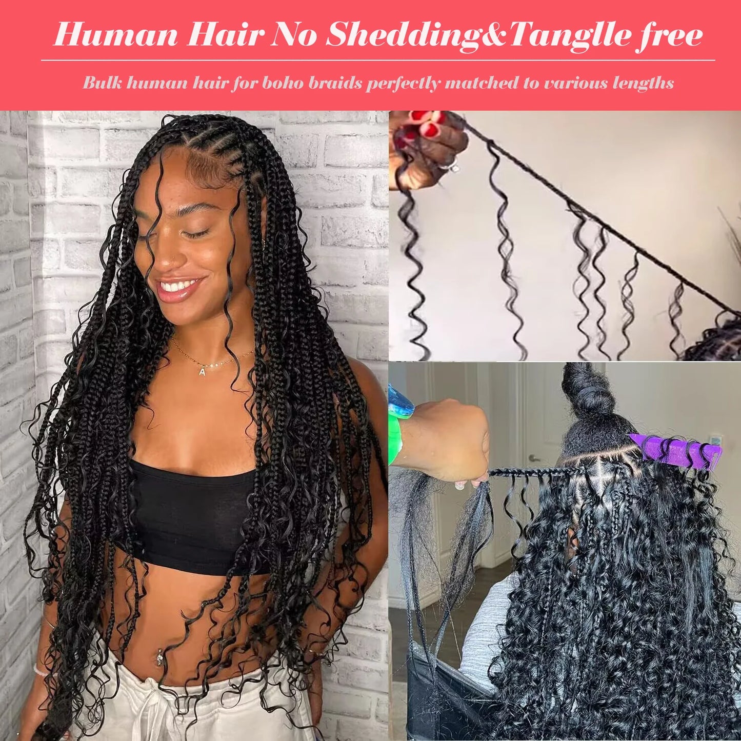 Human Braiding Hair for Boho Braids - 100g Deep Wave Bulk Human Hair (No Weft)