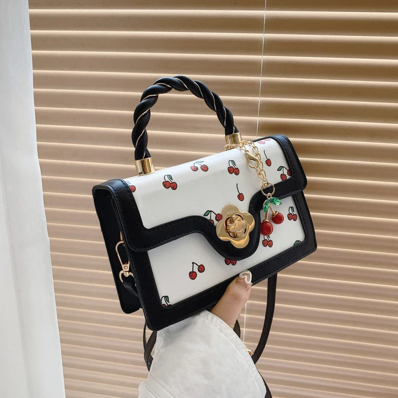 Luxury Cherry Print Crossbody Bag - High-Quality Square Shoulder Bag with Top Handle