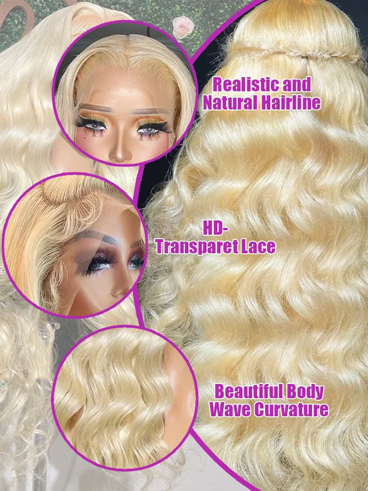 HD Transparent 13x6 Lace Front Wig - 613 Honey Blonde Body Wave. Soft, Glueless Brazilian Human Hair with Natural Hairline.z xx