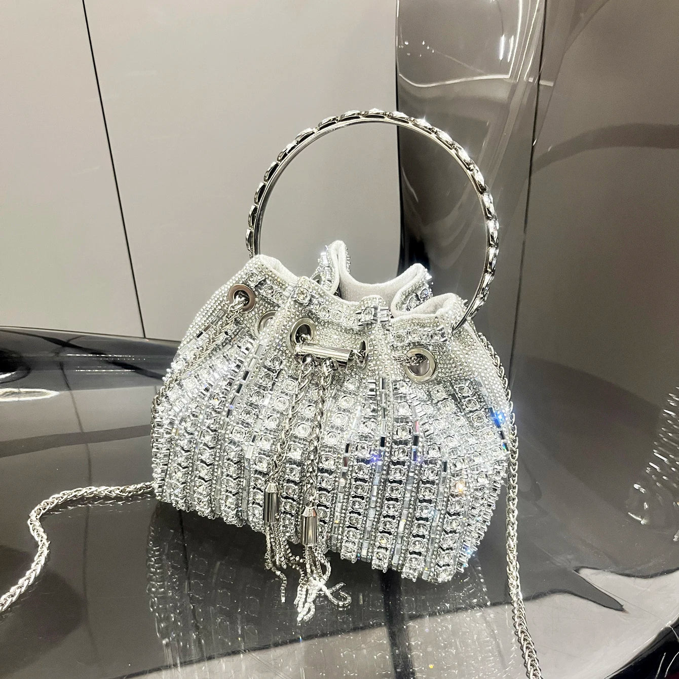 Luxury Crystal Rhinestone Bucket Bag - Elegant Evening Clutch & Shoulder Purse