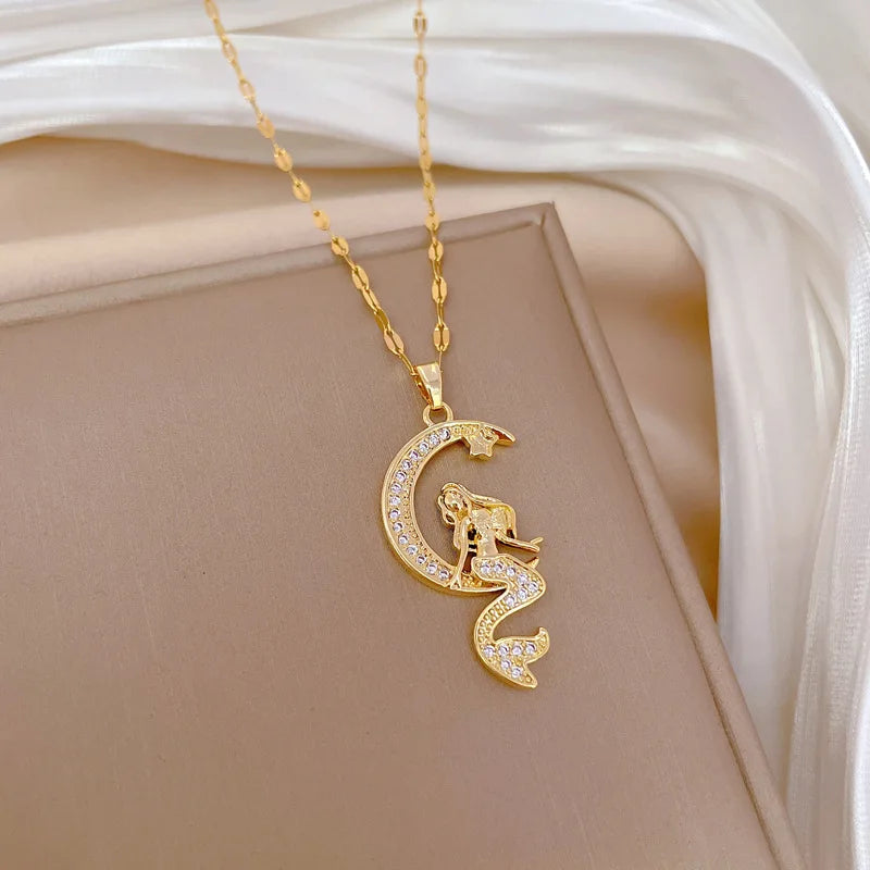 Mermaid Moon Celestial Necklace in Polished Stainless Steel – Tarnish-Free