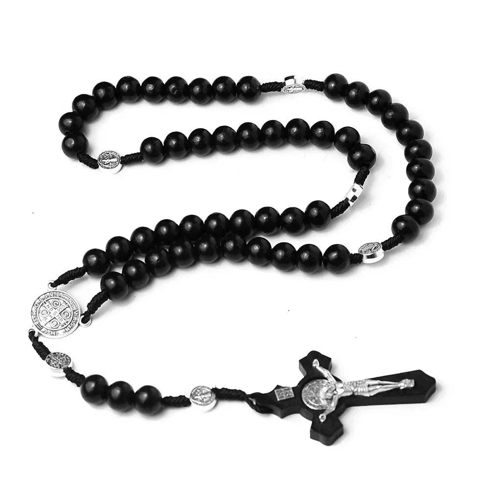Traditional Wood Beaded Rosary Necklace with INRI Crucifix