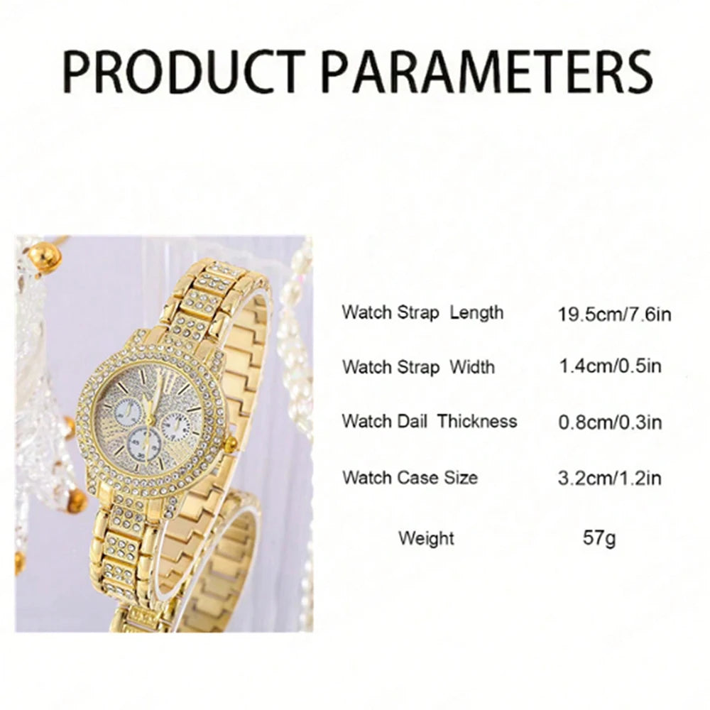 Luxury Women’s Gold Quartz Watch & Jewelry Set | Matching Necklace, Earrings & Ring