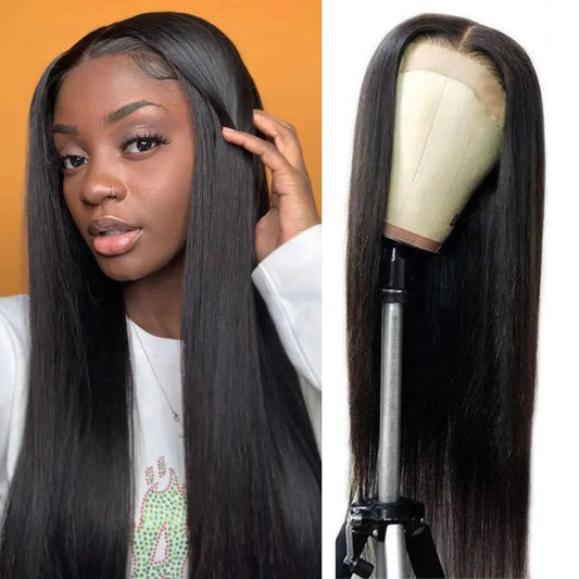 Long Straight Synthetic Lace Frontal Wig - 24” HD Lace, Heat Resistant Fiber, Natural Black