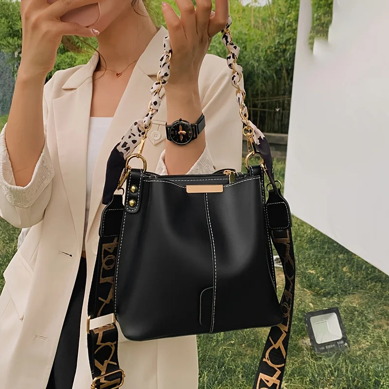 Large Capacity Bucket Shoulder Bag – Ribbon Chain Crossbody Bag for Daily Commuting