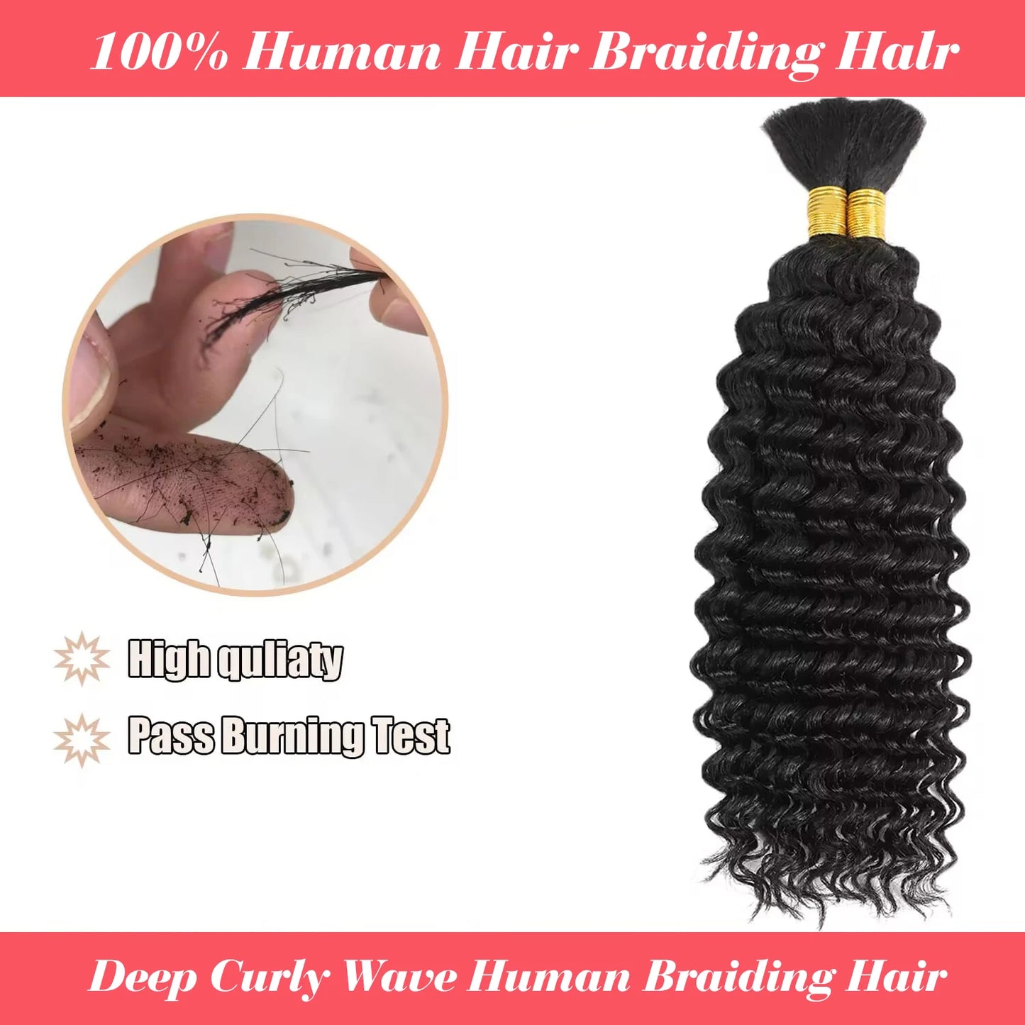 Human Braiding Hair for Boho Braids - 100g Deep Wave Bulk Human Hair (No Weft)