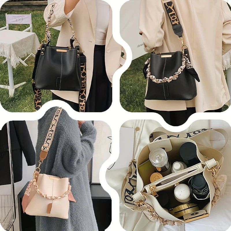Large Capacity Bucket Shoulder Bag – Ribbon Chain Crossbody Bag for Daily Commuting