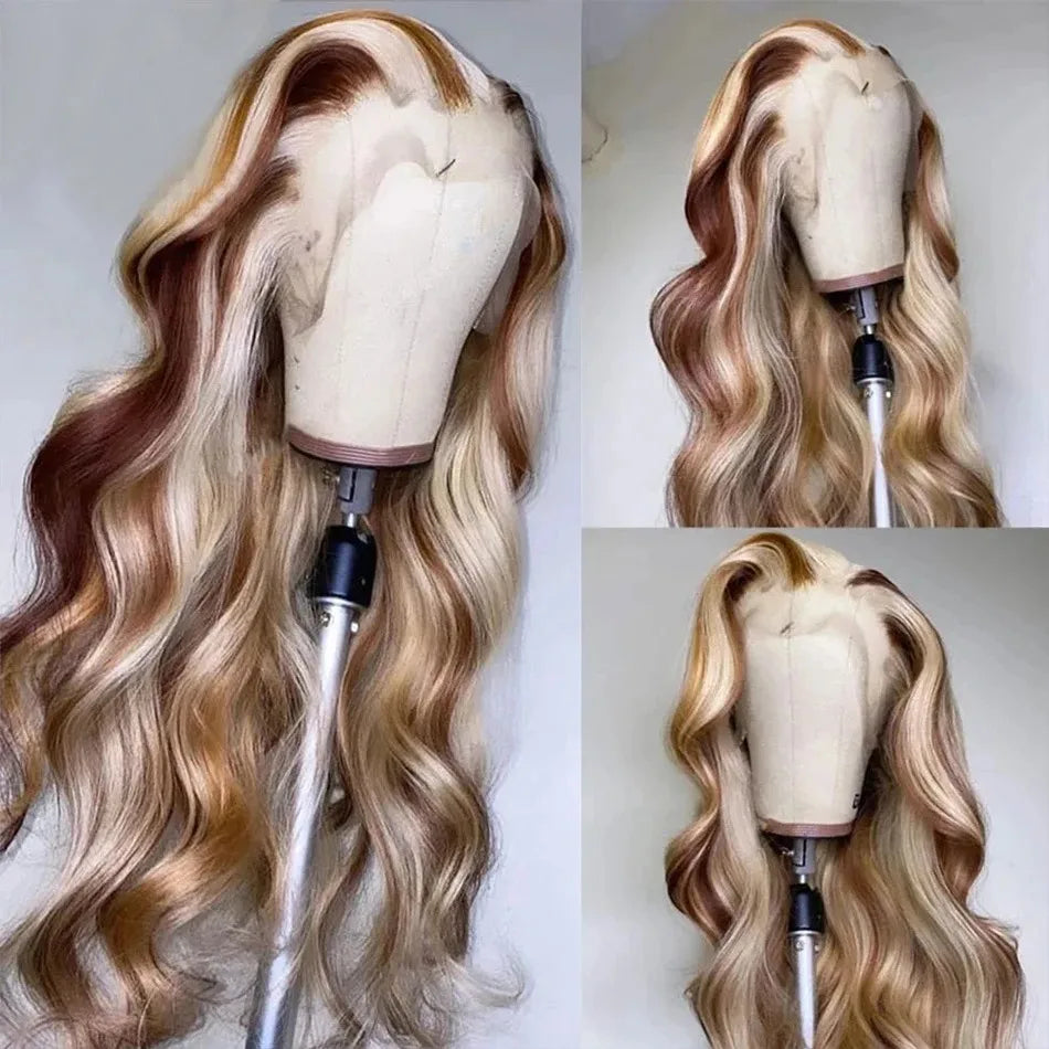HD Transparent 13x4 Lace Frontal Wig – Ombre Blonde Body Wave (Blue Highlight)