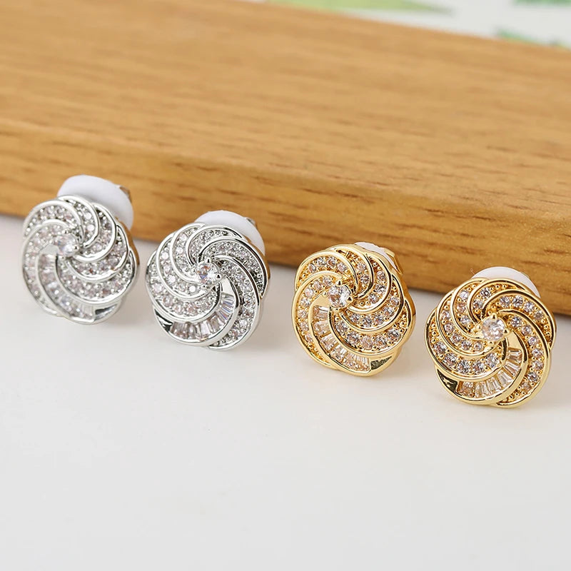 Gold Sunflower Zircon Clip-On Earrings for Women – Non-Piercing Rotating Floral Luxury Jewelry