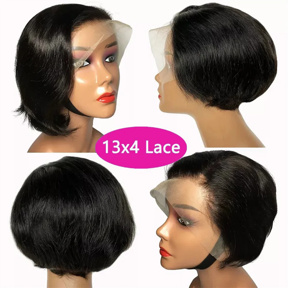 13x4 Transparent Lace Front Human Hair Wig – Pre-Plucked Straight Pixie Cut – Natural Black Glueless Wig