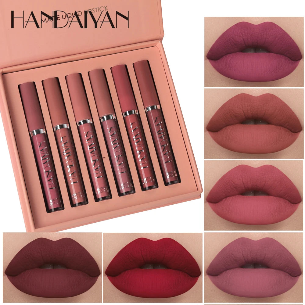 HANDAIYAN 6-Piece Matte Liquid Lipstick Set – Long-Lasting & Waterproof Lip Gloss Gift Box