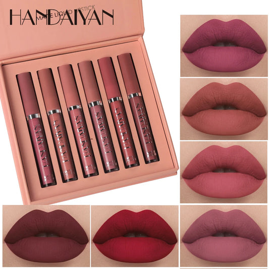 HANDAIYAN 6-Piece Matte Liquid Lipstick Set – Long-Lasting & Waterproof Lip Gloss Gift Box