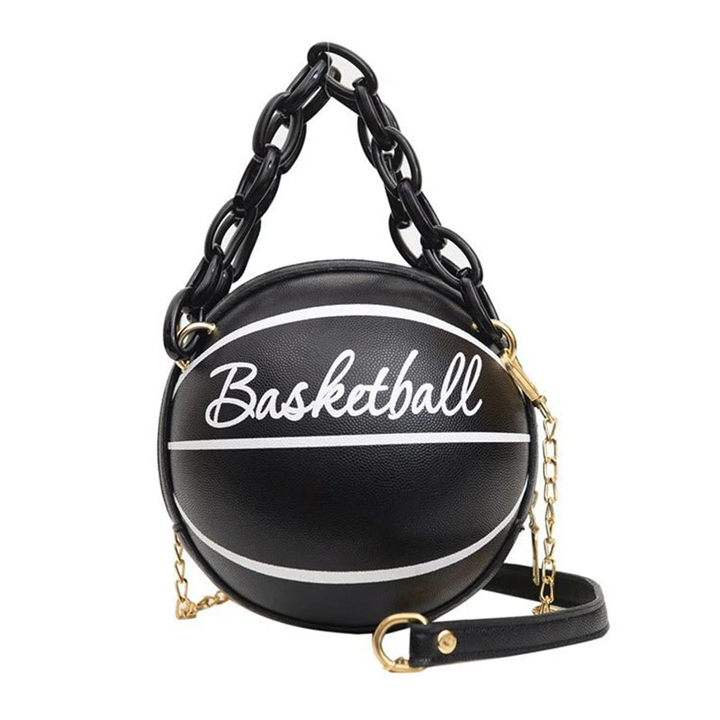 Women’s Fashion Basketball Shoulder Bag – Letter Print PU Leather Crossbody with Chain Strap